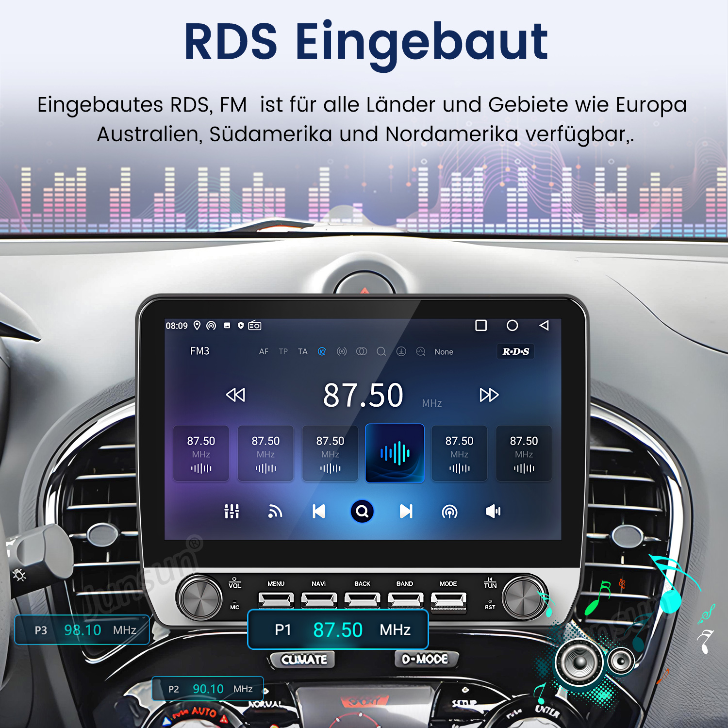 Autoradio mit Touchscreen und FM-RDS-Anzeige im Fahrzeugcockpit.