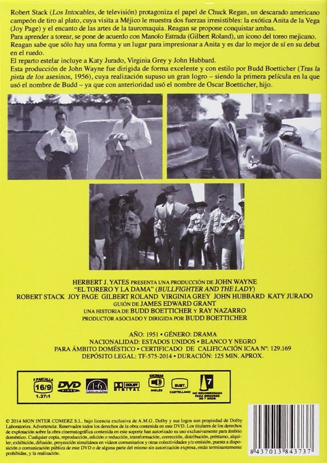 Contraportada del DVD El torero y la dama con fotogramas, reparto, sinopsis y código de barras.