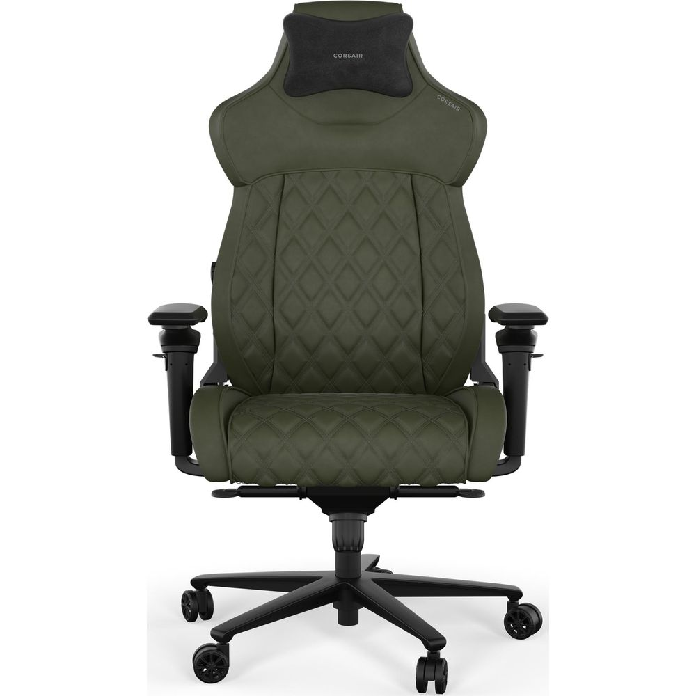 Ein olivgrüner Corsair-Gaming-Stuhl mit Rautensteppung, schwarzen Armlehnen und Rollenfuß auf weißem Hintergrund.