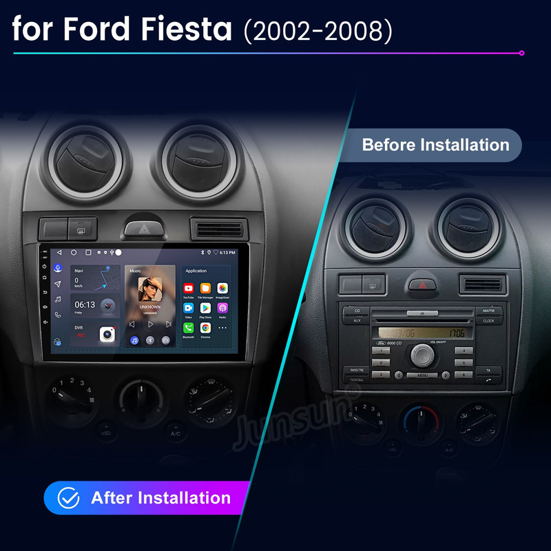 Vergleich der Ford Fiesta Mittelkonsole vor und nach der Installation eines modernen Infotainment-Touchscreen-Radios.