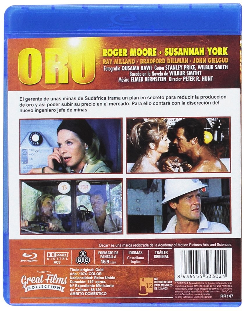 Contraportada de un Blu-ray de Oro con Roger Moore, fotogramas, sinopsis y código de barras.