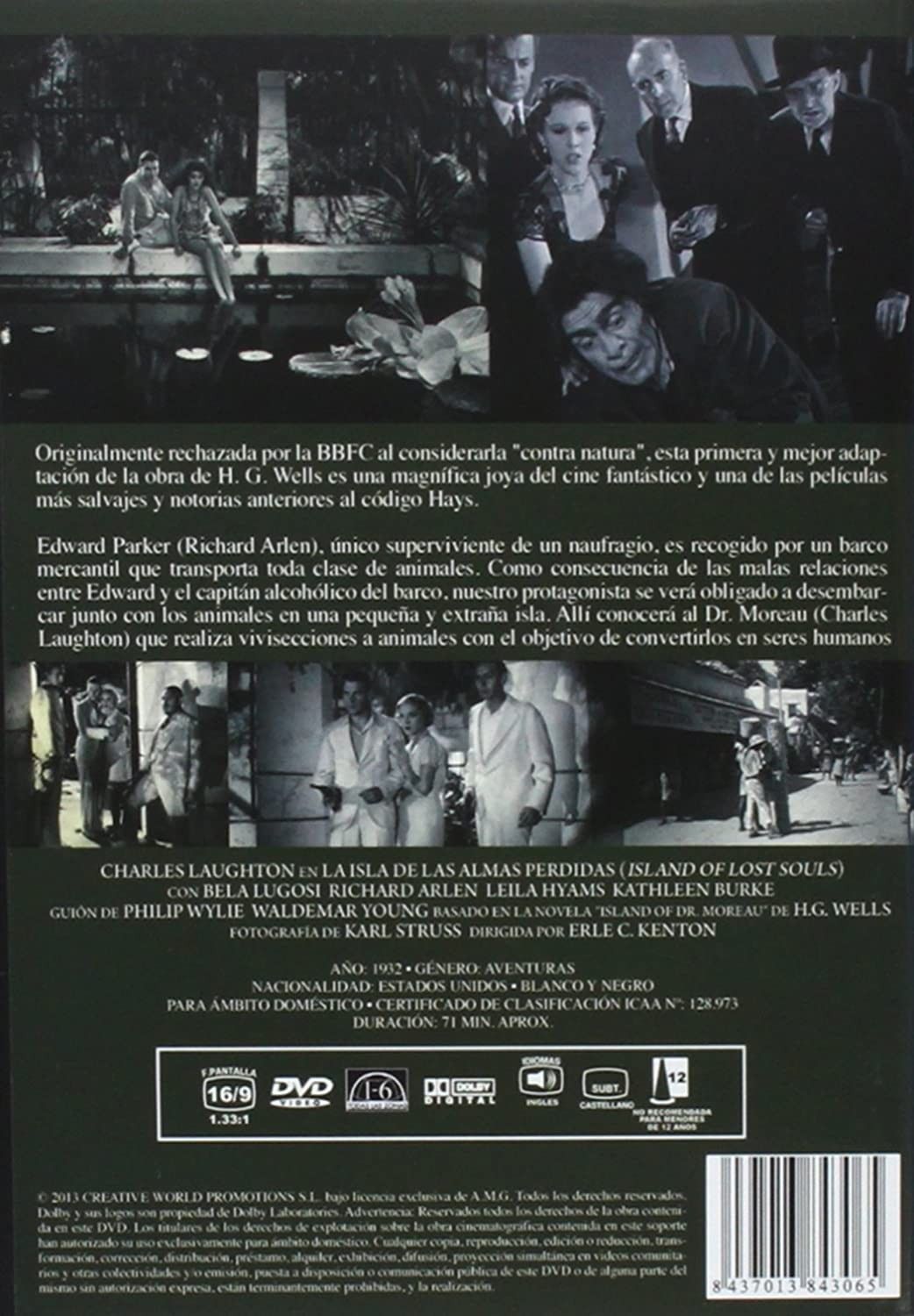 Contraportada de DVD de La isla de las almas perdidas con fotogramas de la película, texto y detalles.