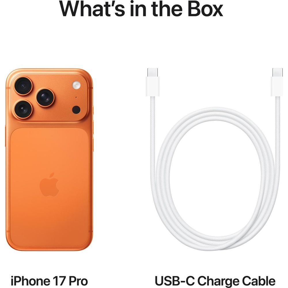 Un iPhone 17 Pro naranja y un cable de carga USB-C blanco sobre un fondo blanco.