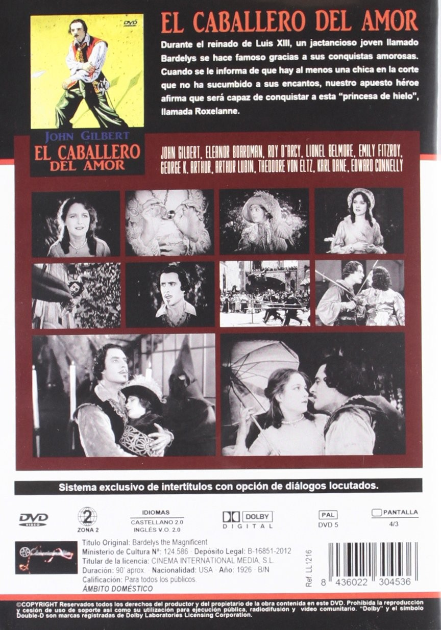 Contraportada de DVD de El Caballero del Amor con fotogramas, texto y detalles técnicos.