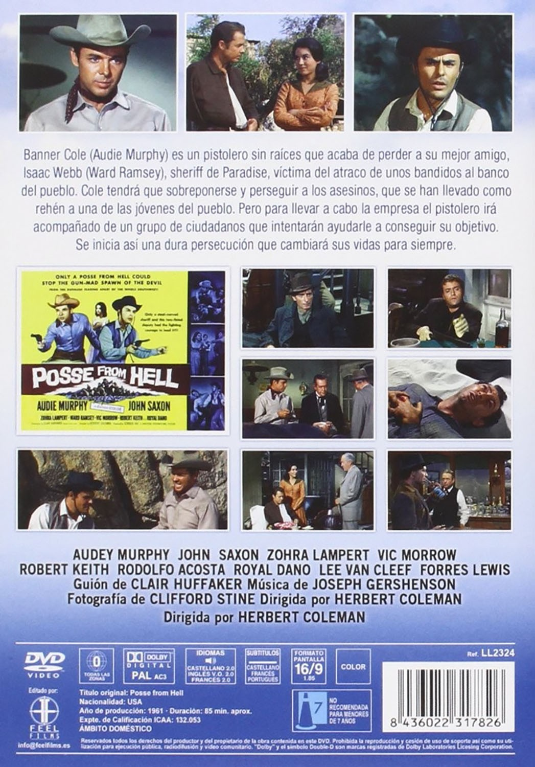 Contraportada del DVD del oeste Posse from Hell con fotogramas, sinopsis en español y reparto.