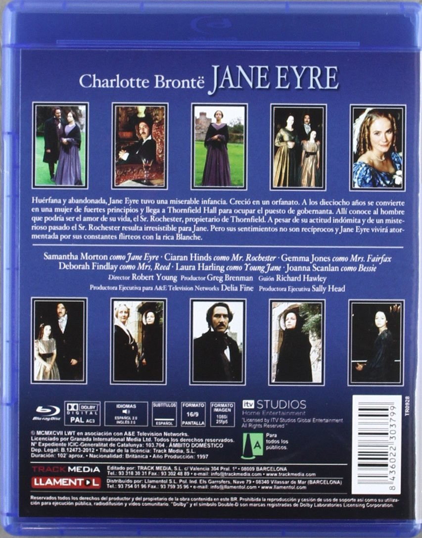 Parte trasera de una caja Blu-ray de Jane Eyre con fotos de escenas, sinopsis, reparto y detalles técnicos en azul.