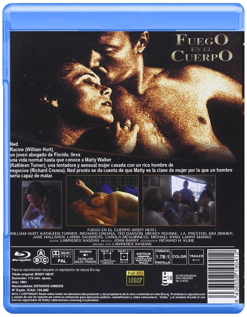 Contraportada de una caja de Blu-ray de la película Fuego en el Cuerpo con imágenes y texto.