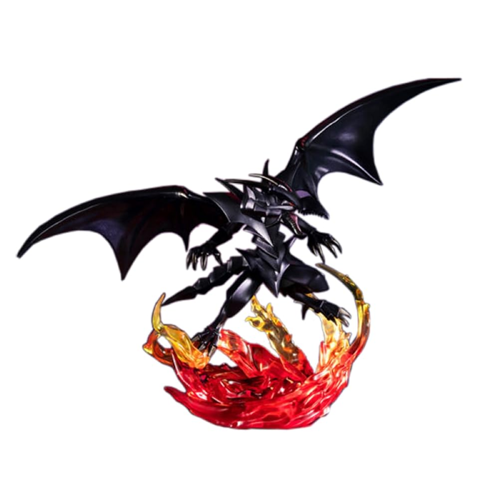 Eine detaillierte Actionfigur eines schwarzen Drachen über einem roten Flammenpodest auf weißem Hintergrund.