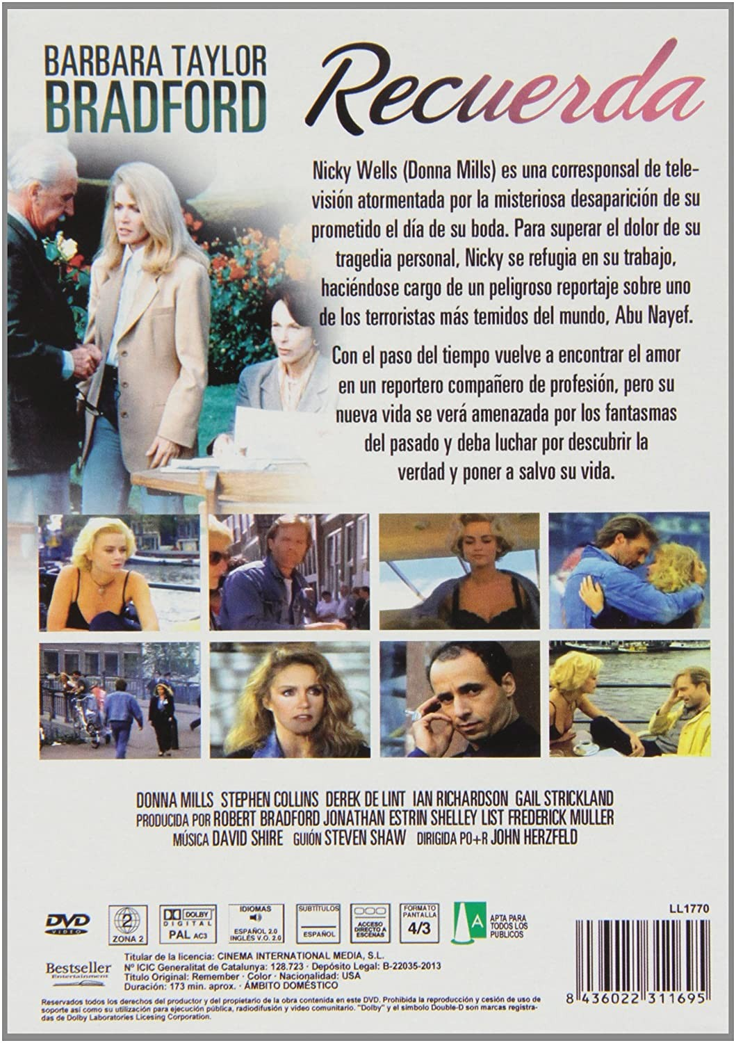 Contraportada del DVD de Recuerda, con fotos del reparto, sinopsis en español y detalles técnicos.