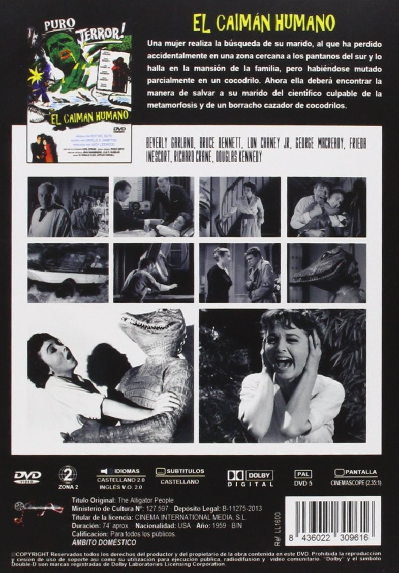 Contraportada del DVD de The Alligator People, con fotogramas en blanco y negro, sinopsis y reparto.