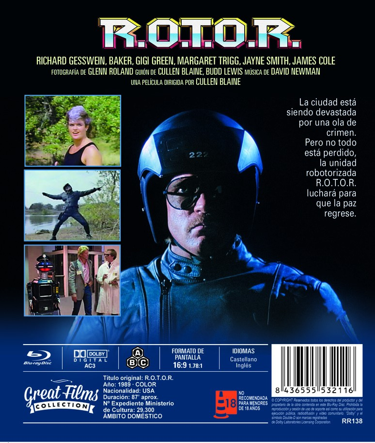 Portada de DVD de la pelicula R.O.T.O.R. con un policia con casco y tres pequenas imagenes.
