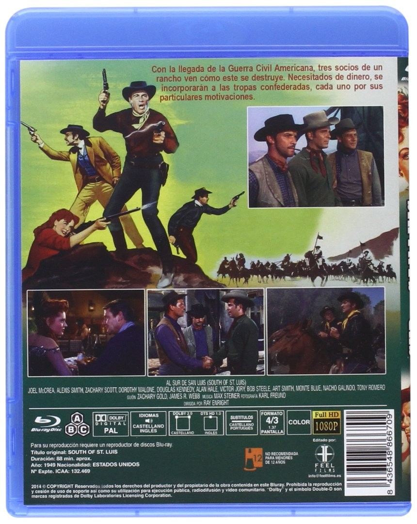 Parte trasera de la caja Blu-ray del western 'South of St. Louis' con varias imágenes y descripciones.