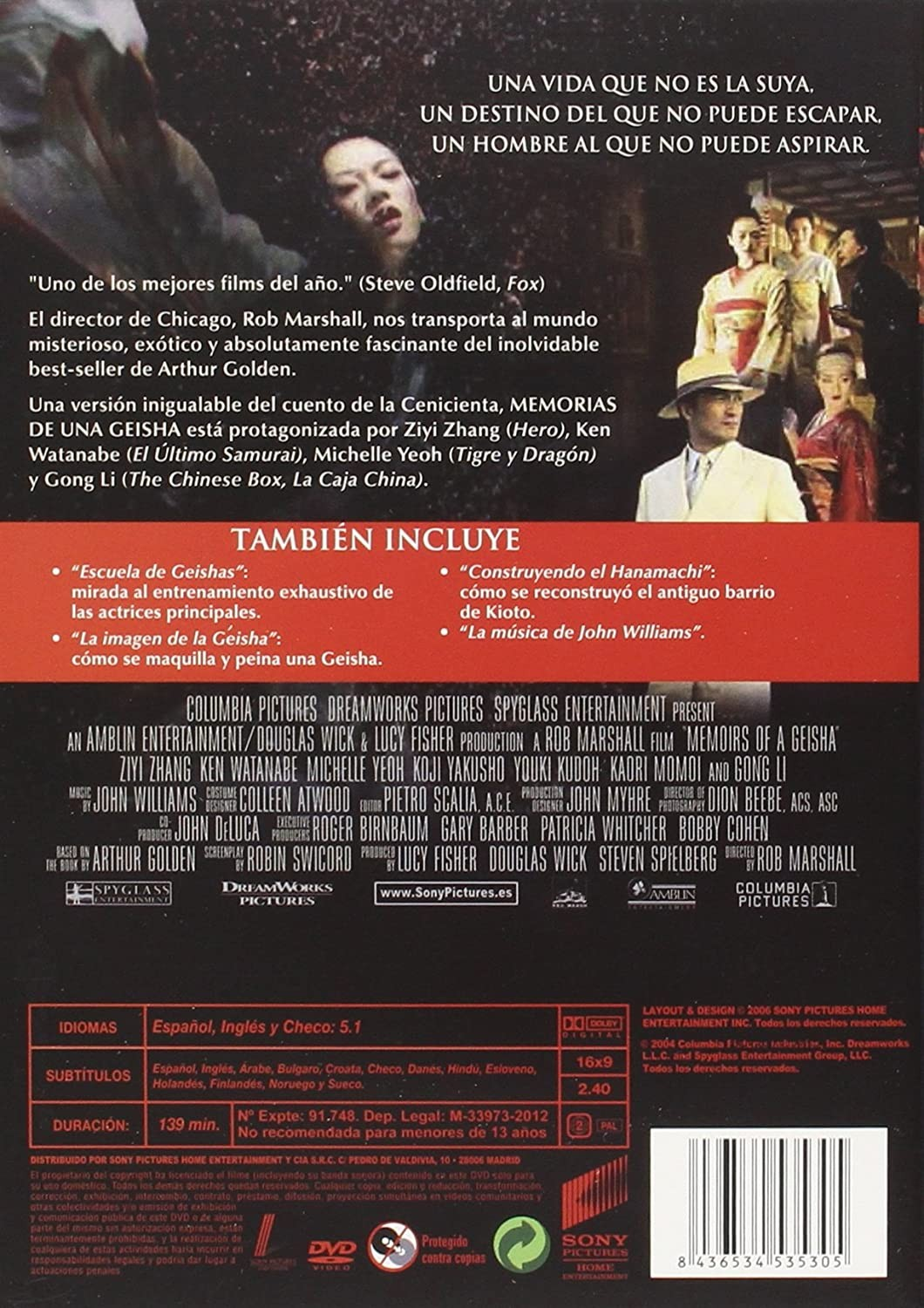 Contraportada del DVD Memorias de una Geisha con texto, fotos y créditos.