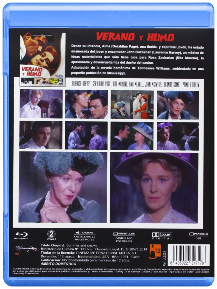 Contraportada de un Blu-ray de Verano y Humo con fotogramas, sinopsis y detalles técnicos.