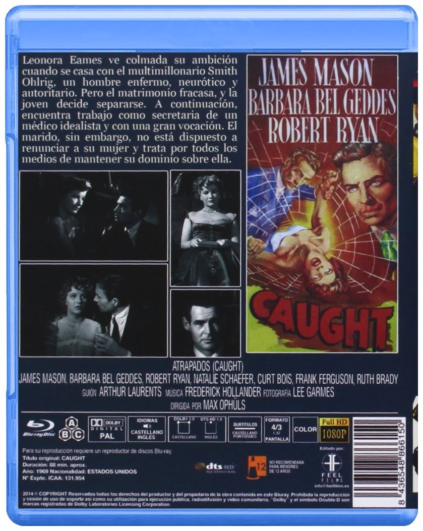 Contraportada del Blu-ray de la película Caught, con fotogramas, sinopsis y créditos.