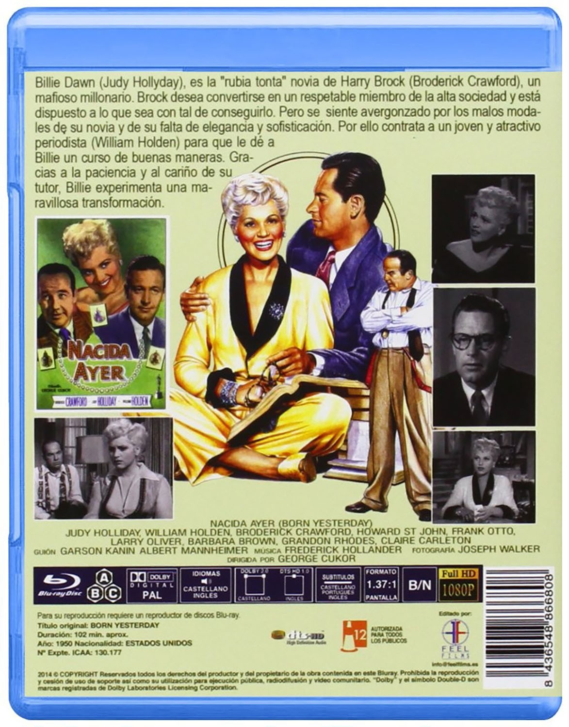 Contraportada del Blu-ray Born Yesterday con fotogramas, texto y detalles técnicos.