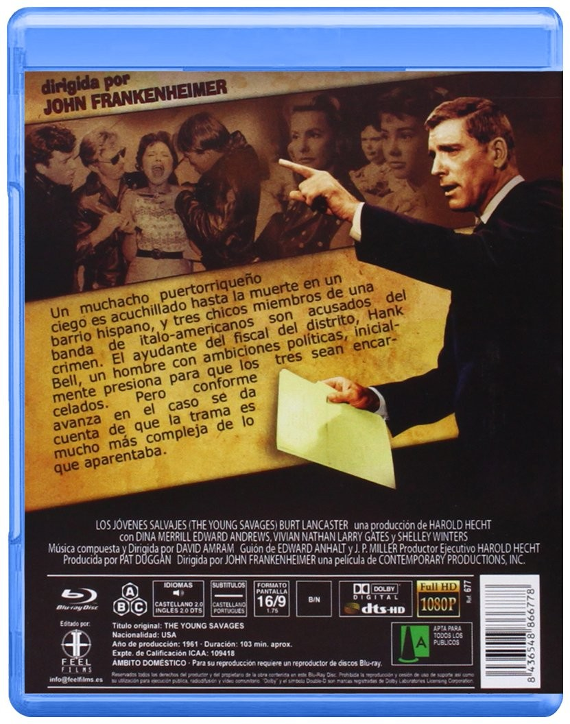 Contraportada del Blu-ray The Young Savages con Burt Lancaster, fotogramas y texto en español.