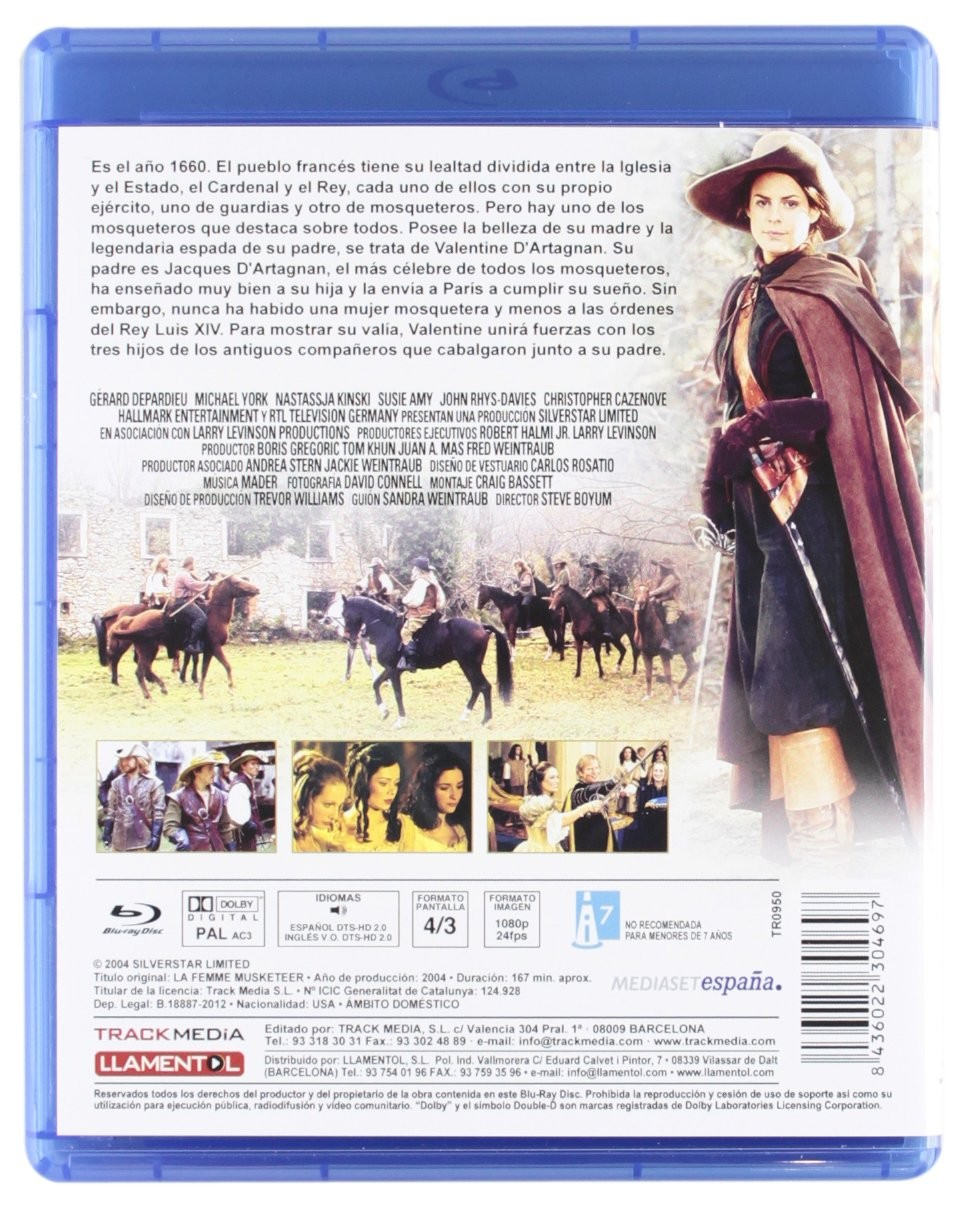 Contraportada del Blu-ray con sinopsis, créditos, imágenes de la película y una mosquetera.