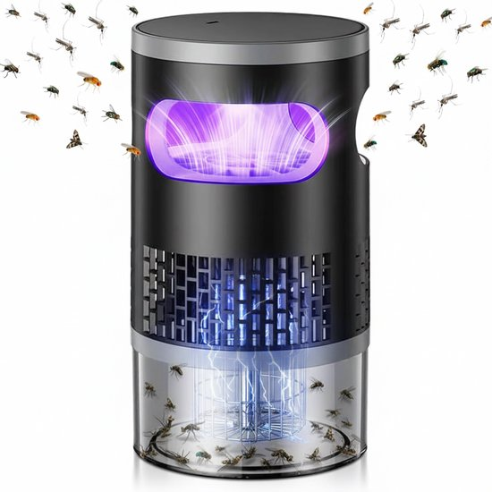 Ein schwarzes zylindrisches Moskito-Mettgitter mit UV-Licht und vielen Insekten rundherum.