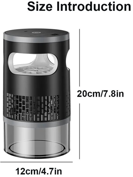 Eine schwarz-graue Mückenvernichtungslampe mit Abmessungen von 20 cm Höhe und 12 cm Breite vor weißem Hintergrund.