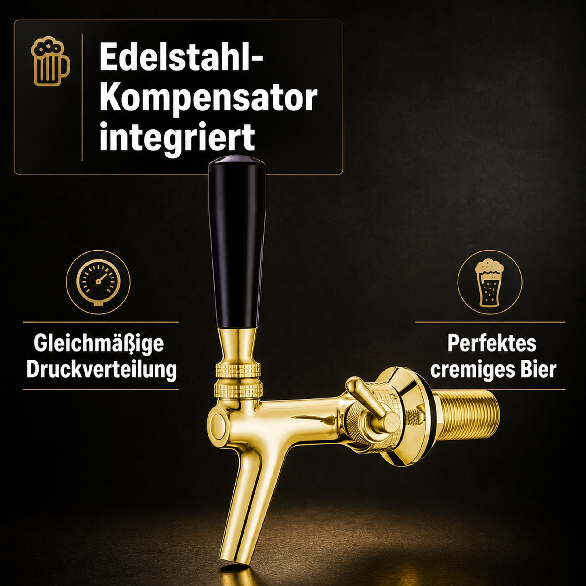 Gouden bierkraan met zwarte handgreep op donkere achtergrond, met tekst en iconen.