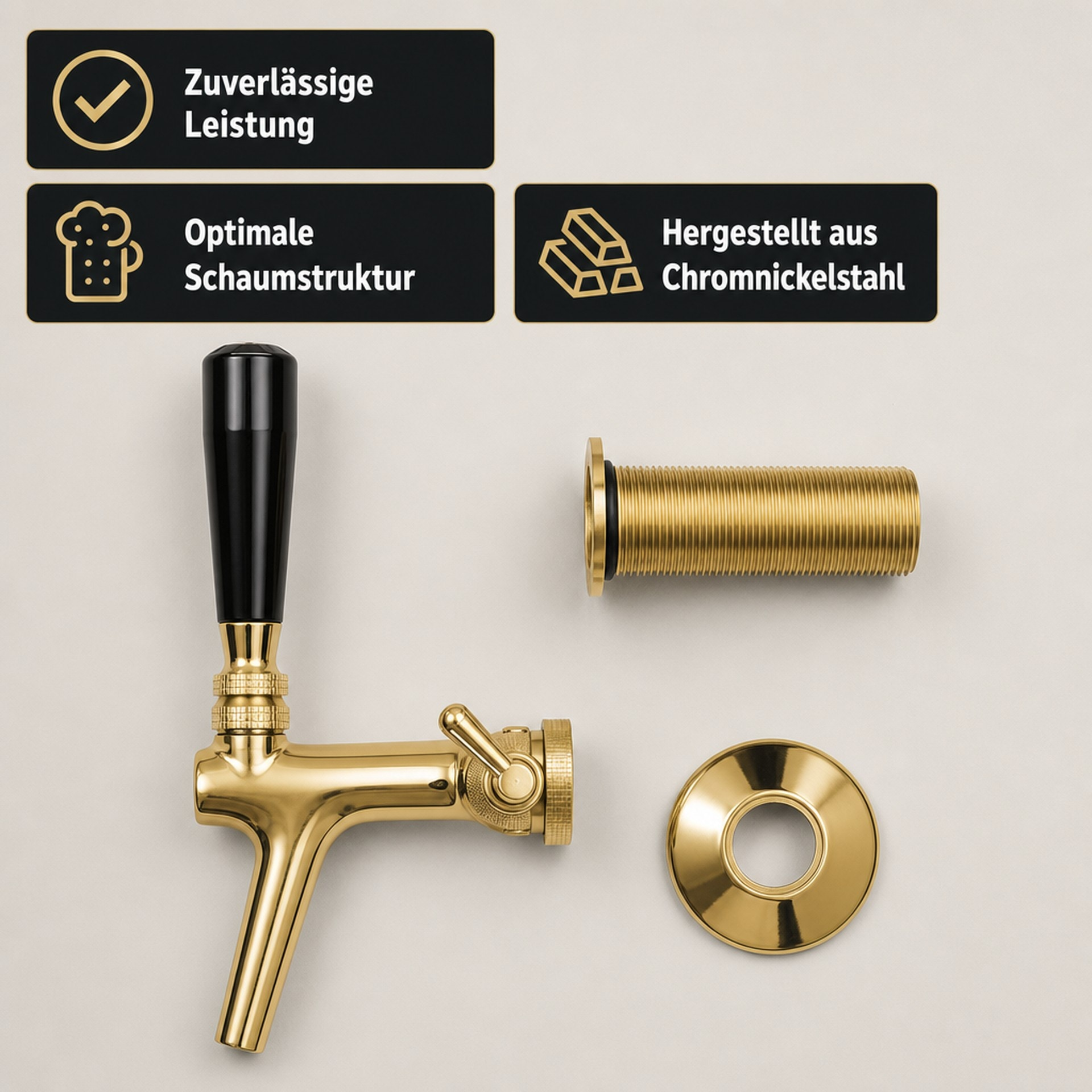 Goudkleurige bierkraan met zwarte hendel, schroefdraadbuis en afdekrozet, vergezeld van informatieve tekstvakken.