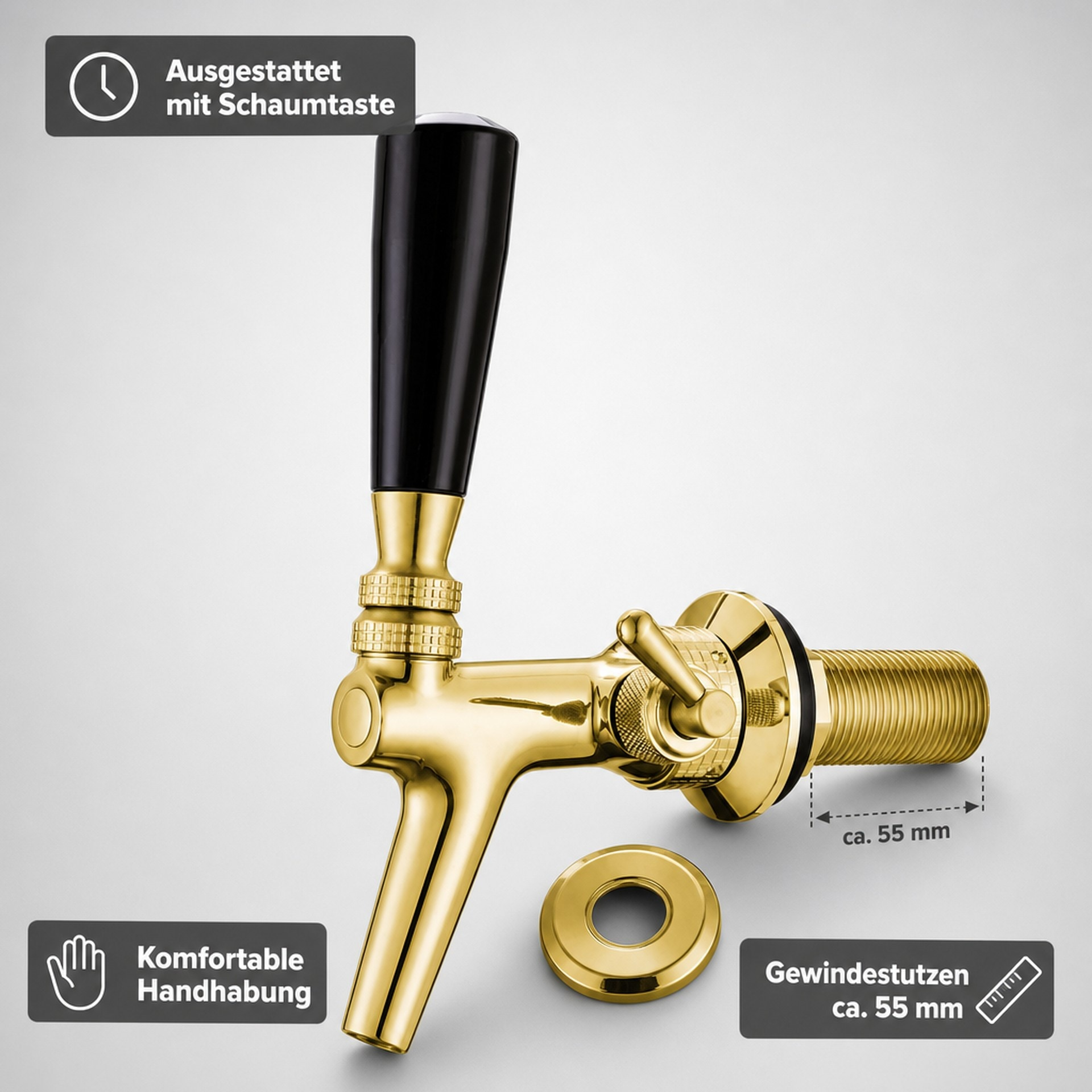 Goudkleurige bierkraan met zwarte handgreep, schuimknop en een schroefdraadverbinding van ca. 55 mm.