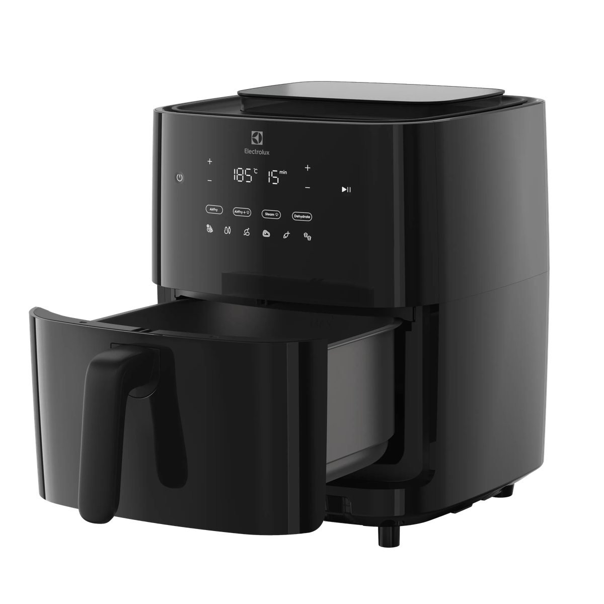 Black Electrolux air fryer with an open basket and digital control panel on a white background.