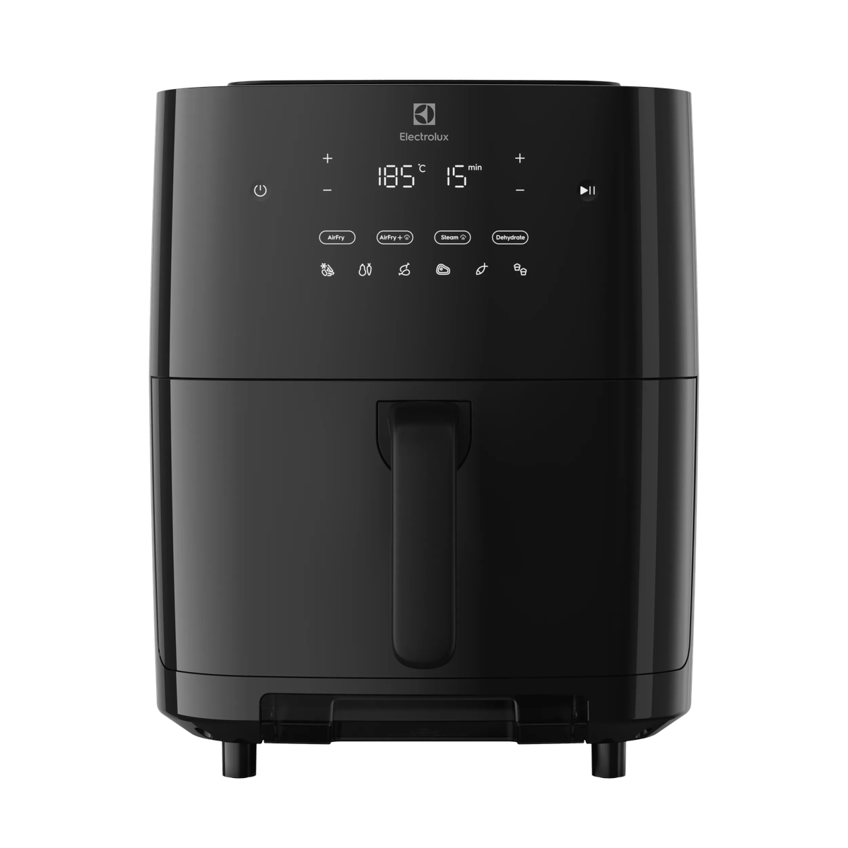 Black Electrolux air fryer with a digital display, touch buttons, and front handle.