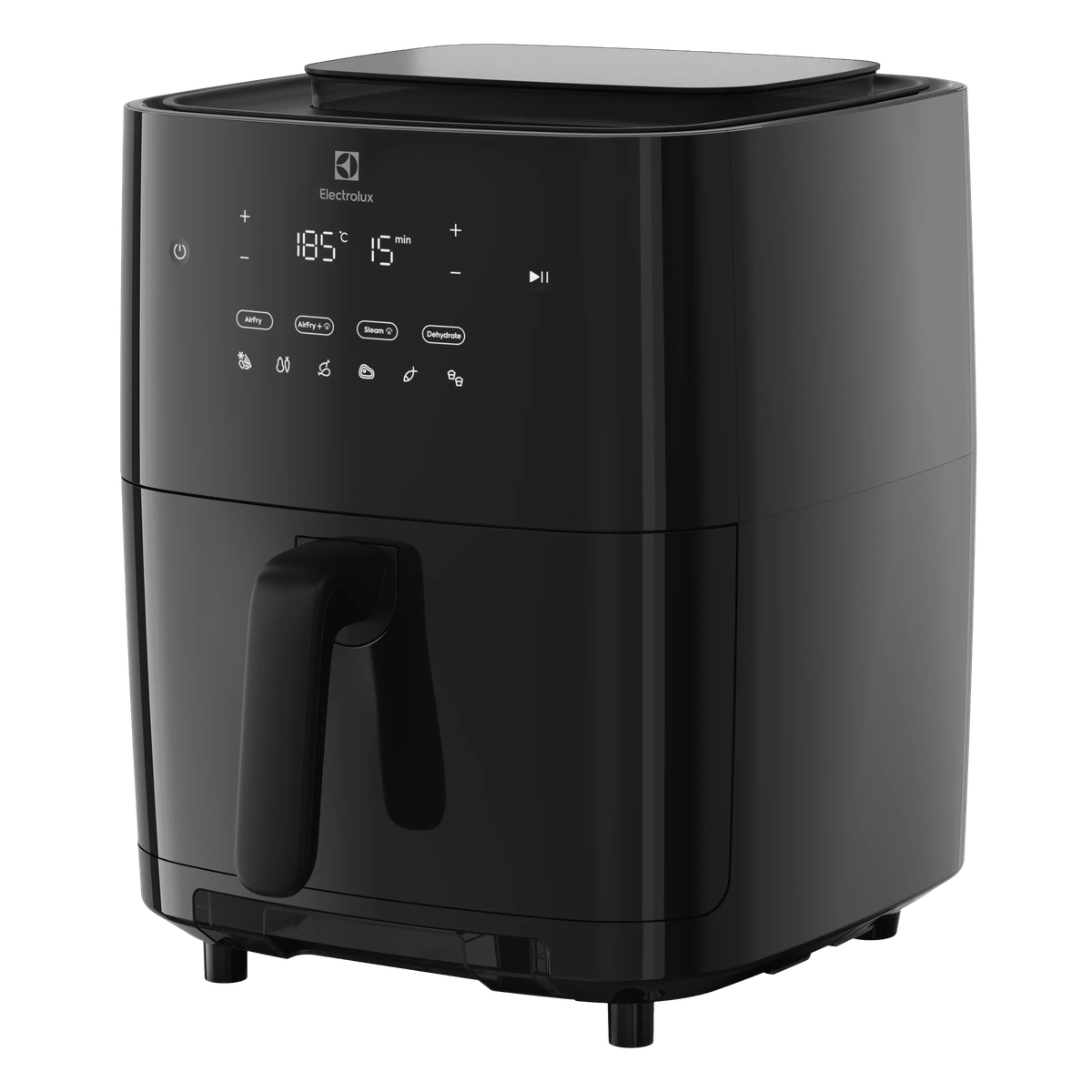 Black Electrolux air fryer with a digital display and front handle, isolated on a white background.