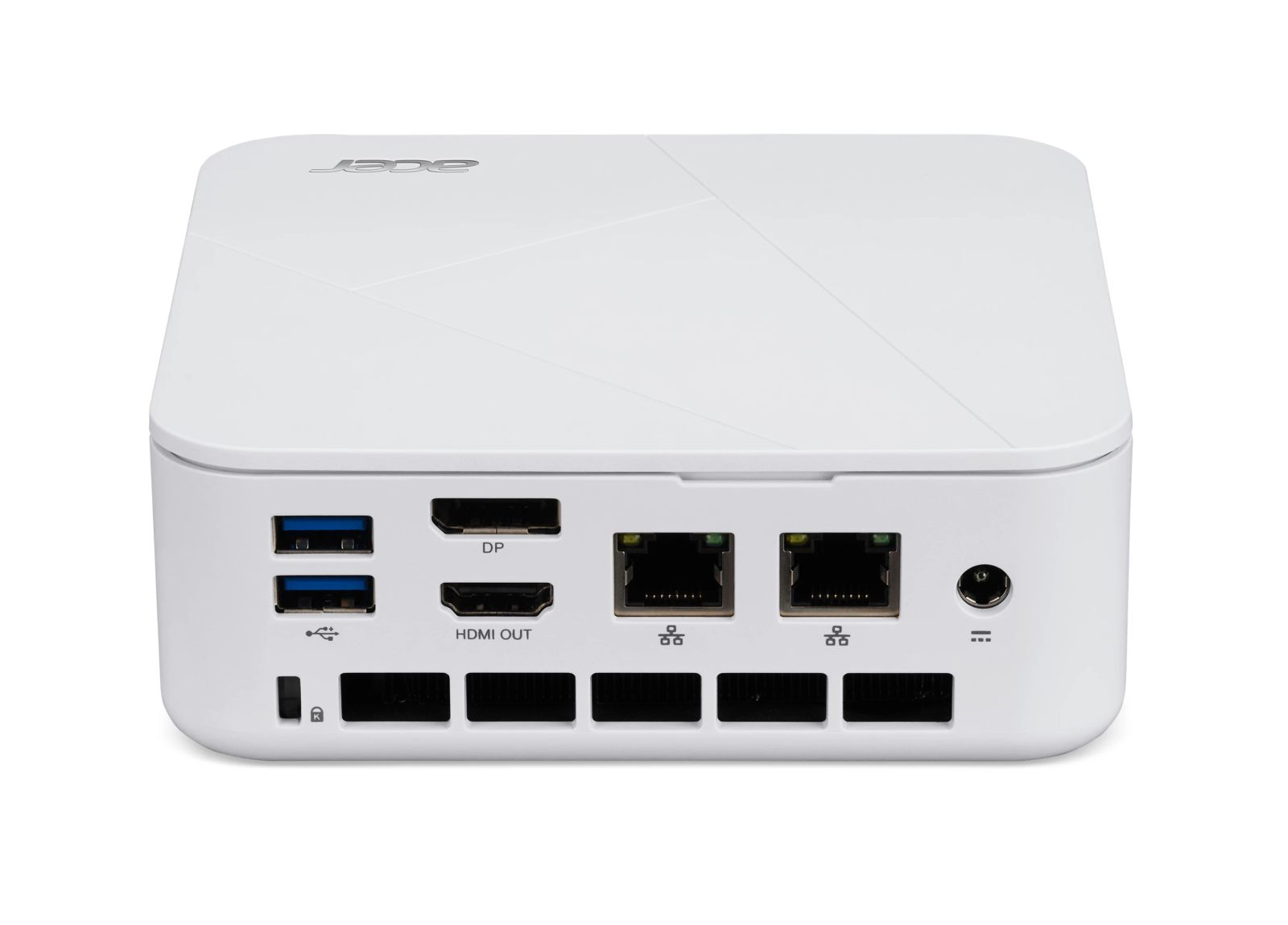 Weiße Acer Mini-PC-Rückseite mit USB-, DP-, HDMI- und Ethernet-Anschlüssen.