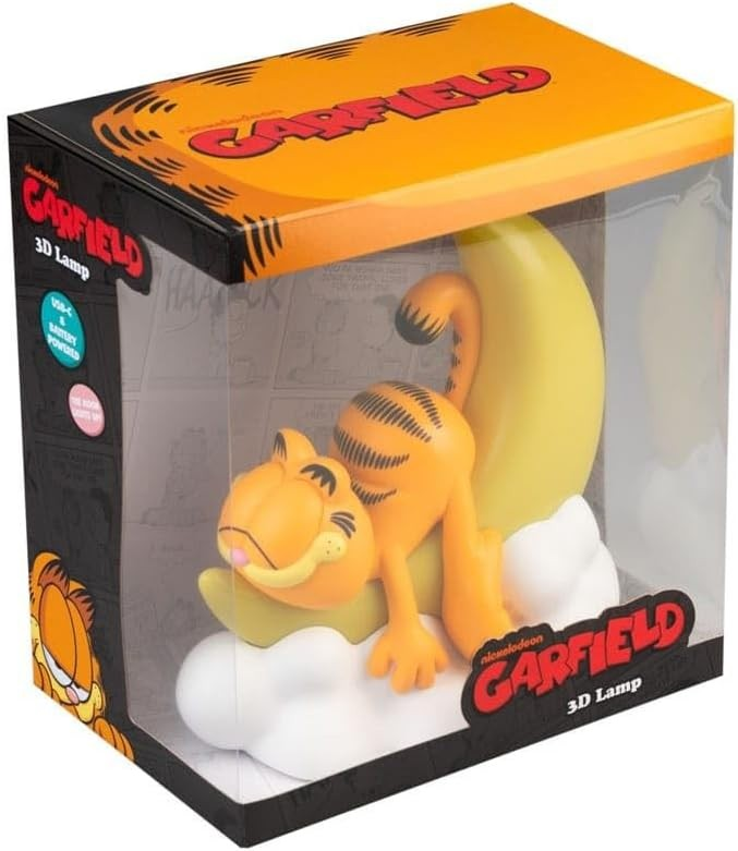 Una lámpara 3D de Garfield en su caja, mostrando a Garfield durmiendo sobre una luna creciente y una nube.