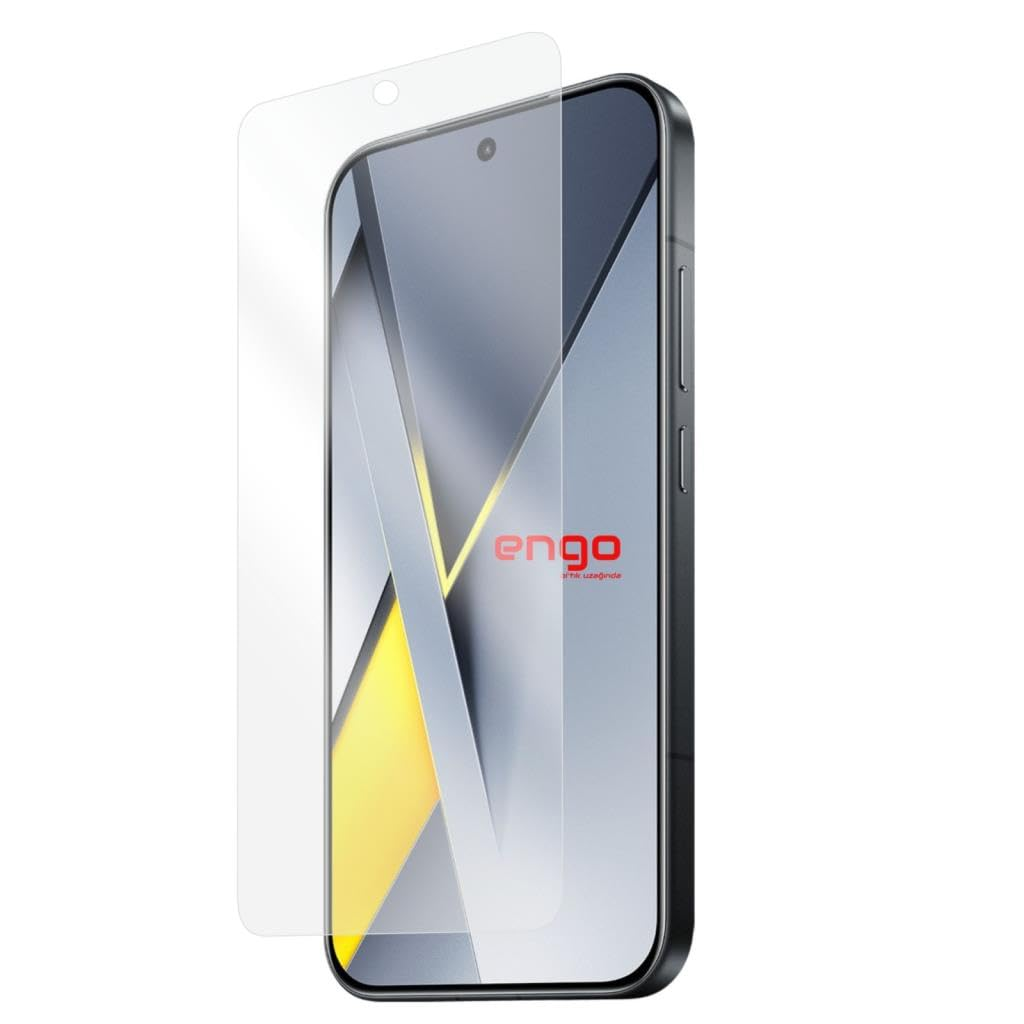 Beyaz arka planda ekranının önünde şeffaf ekran koruyucu bulunan koyu renkli bir akıllı telefon.
