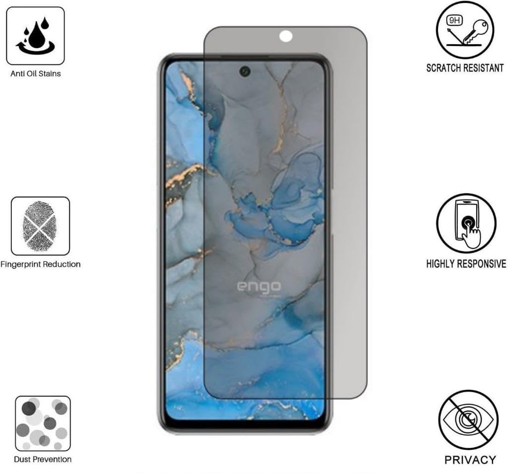 Cam ekran koruyuculu akıllı telefon ve etrafında altı özellik simgesi.