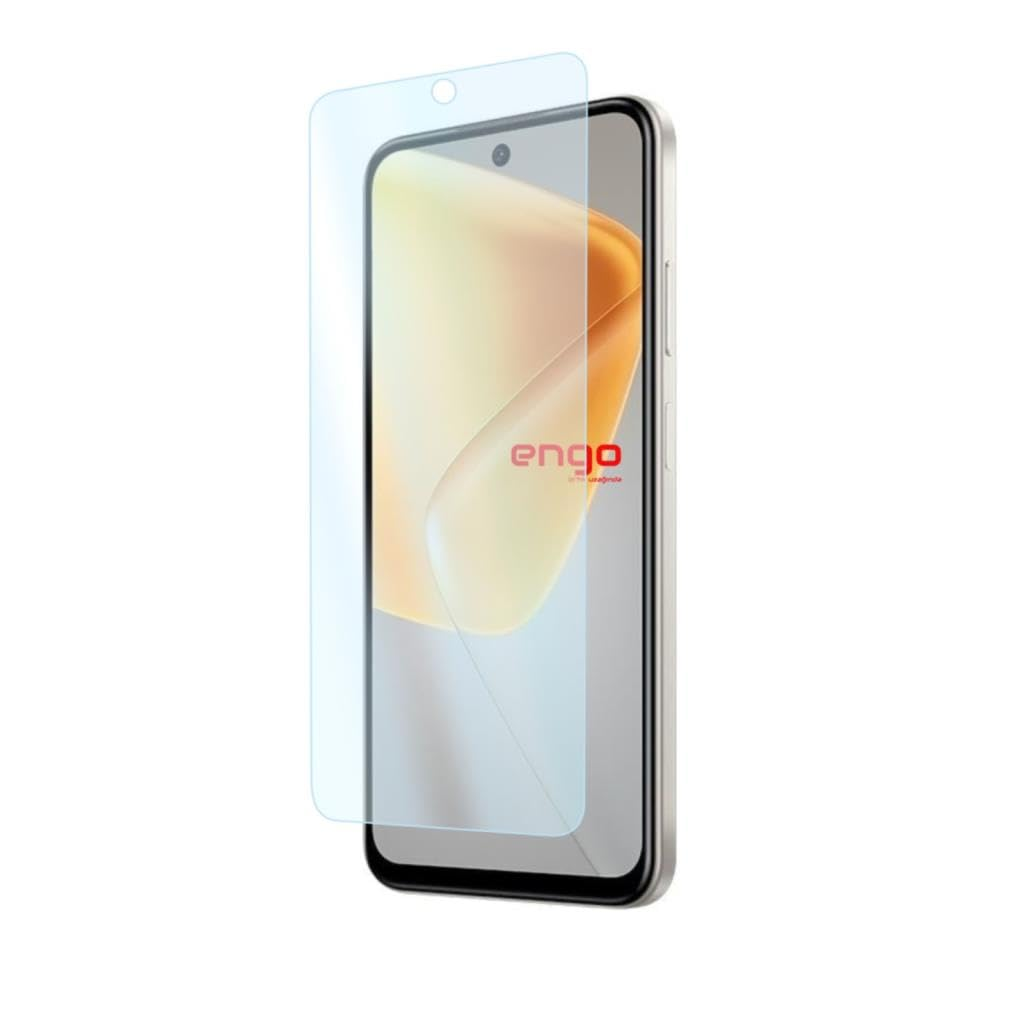 Hafifçe kaldırılmış şeffaf ekran koruyuculu akıllı telefon, beyaz arka planda.
