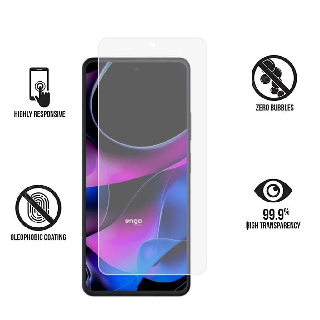 Ekran koruyuculu akıllı telefon ve dokunmatik, kabarcıksız, oleofobik kaplama ve şeffaflığı gösteren dört simge.