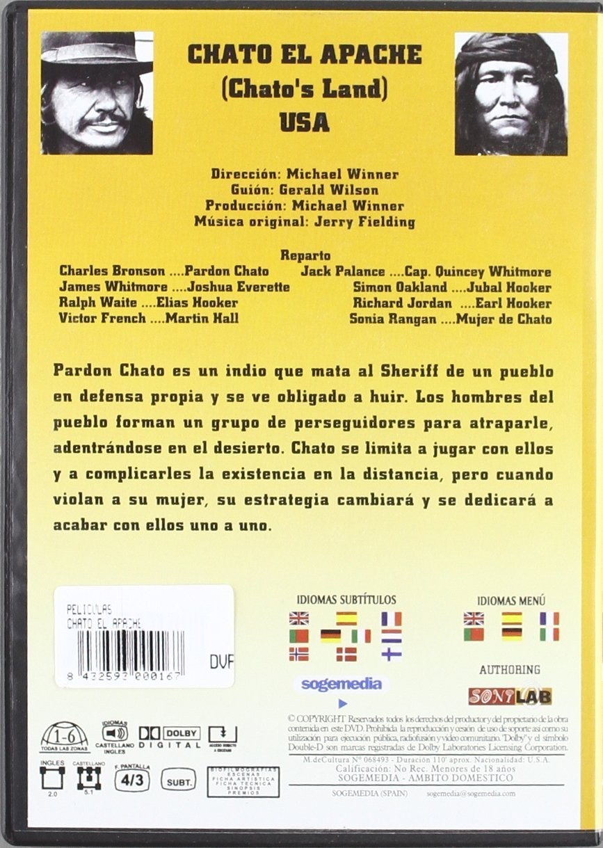 Contraportada del DVD de Chato el Apache con reparto, sinopsis en español, fotos de actores y detalles.