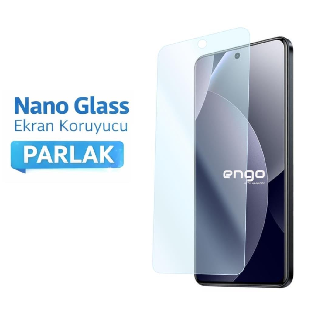 Beyaz arka plan üzerinde şeffaf nano cam ekran koruyucu ve mavi metinli akıllı telefon.