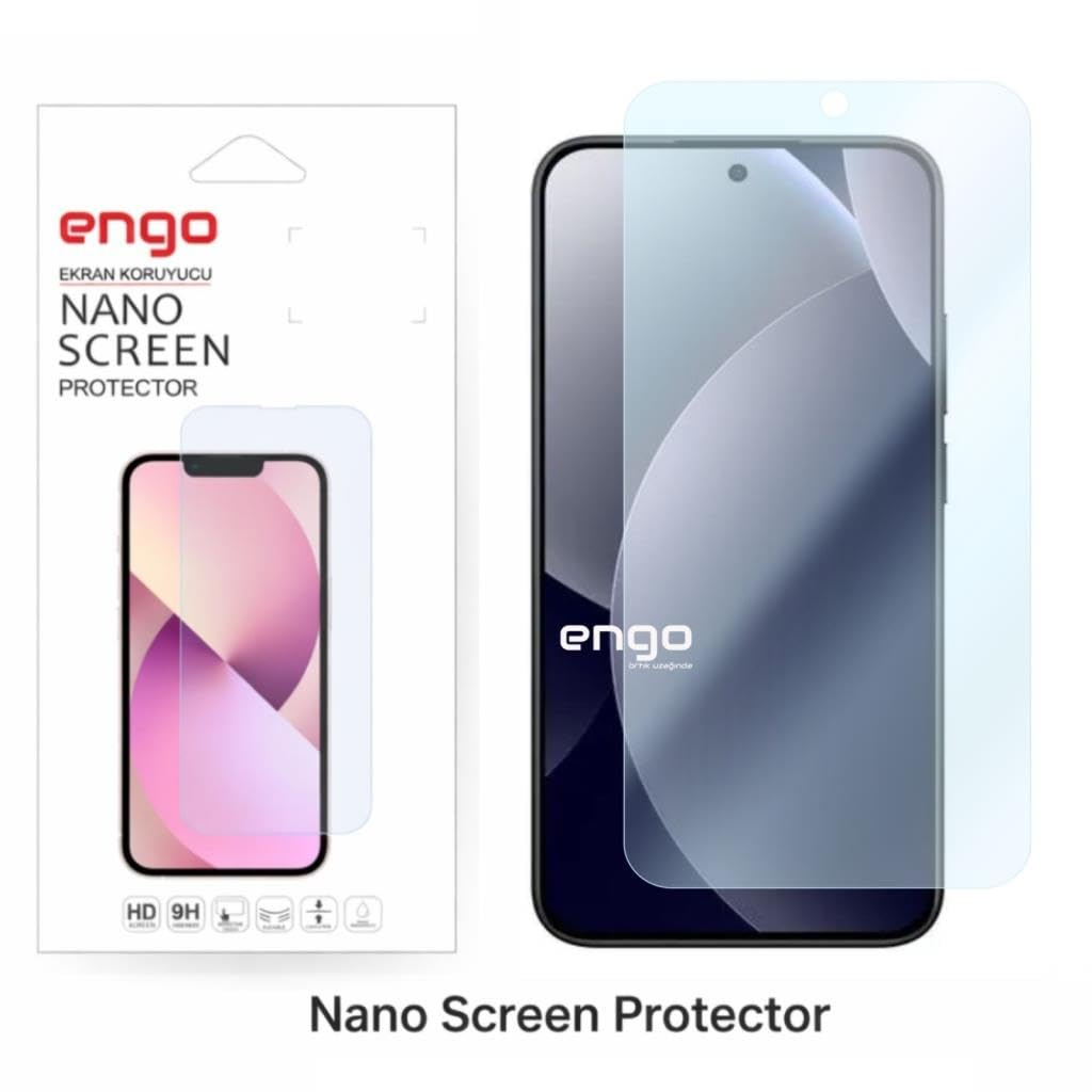 Şeffaf koruyuculu akıllı telefonun yanında Engo Nano ekran koruyucu ambalajı.