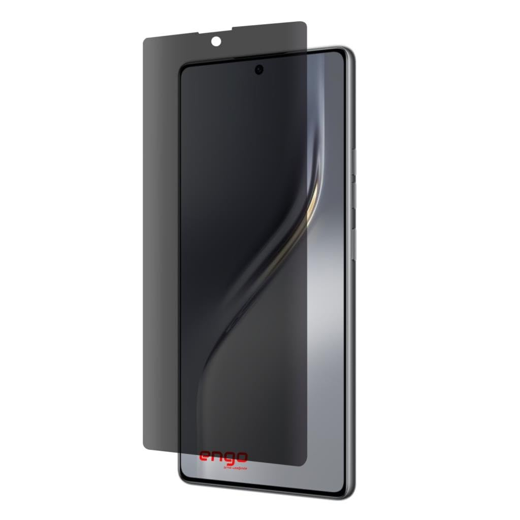 Ekranın önüne kısmen yerleştirilmiş koyu gri gizlilik ekran koruyuculu akıllı telefon.