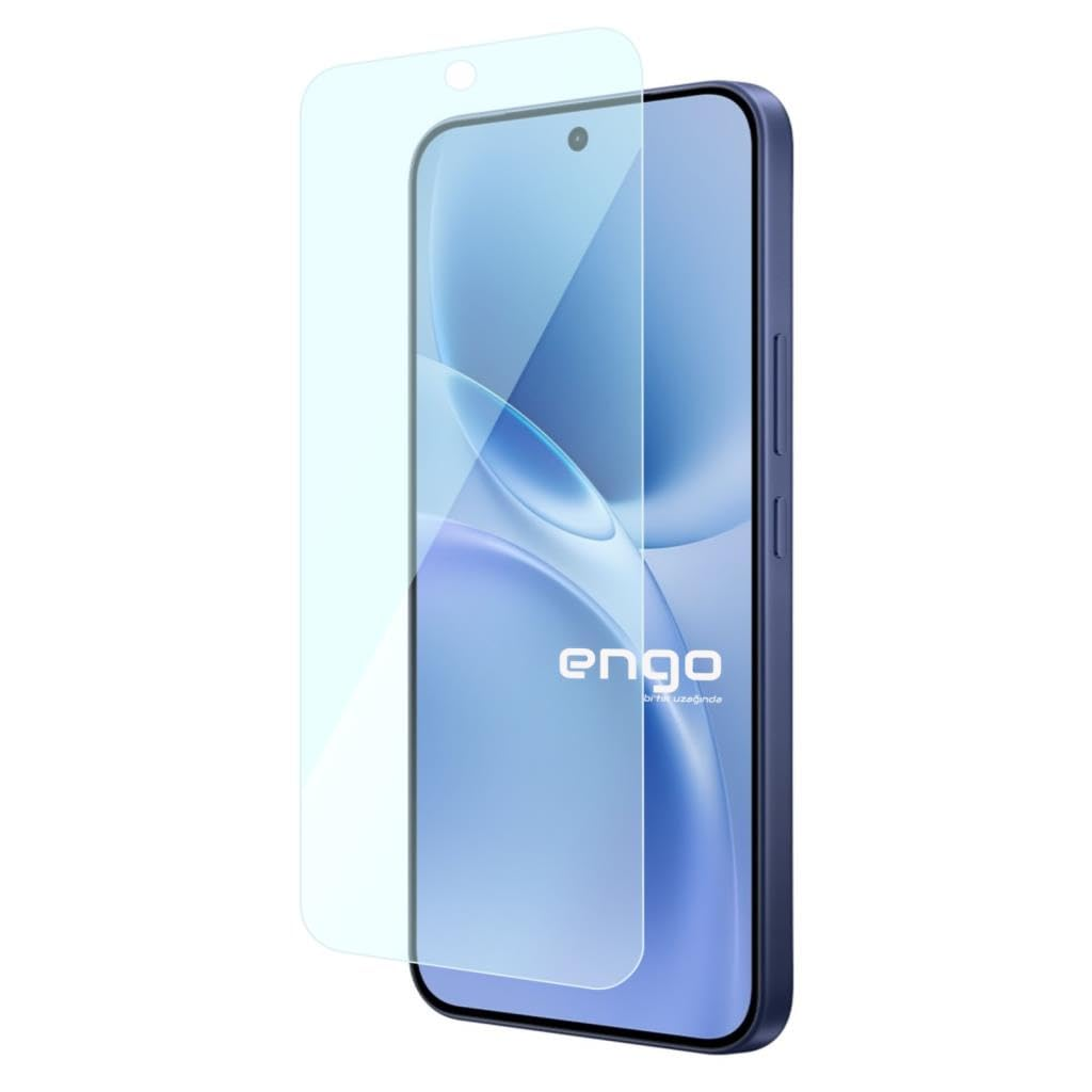 Hafifçe üzerinde duran şeffaf ekran koruyuculu mavi bir akıllı telefon.
