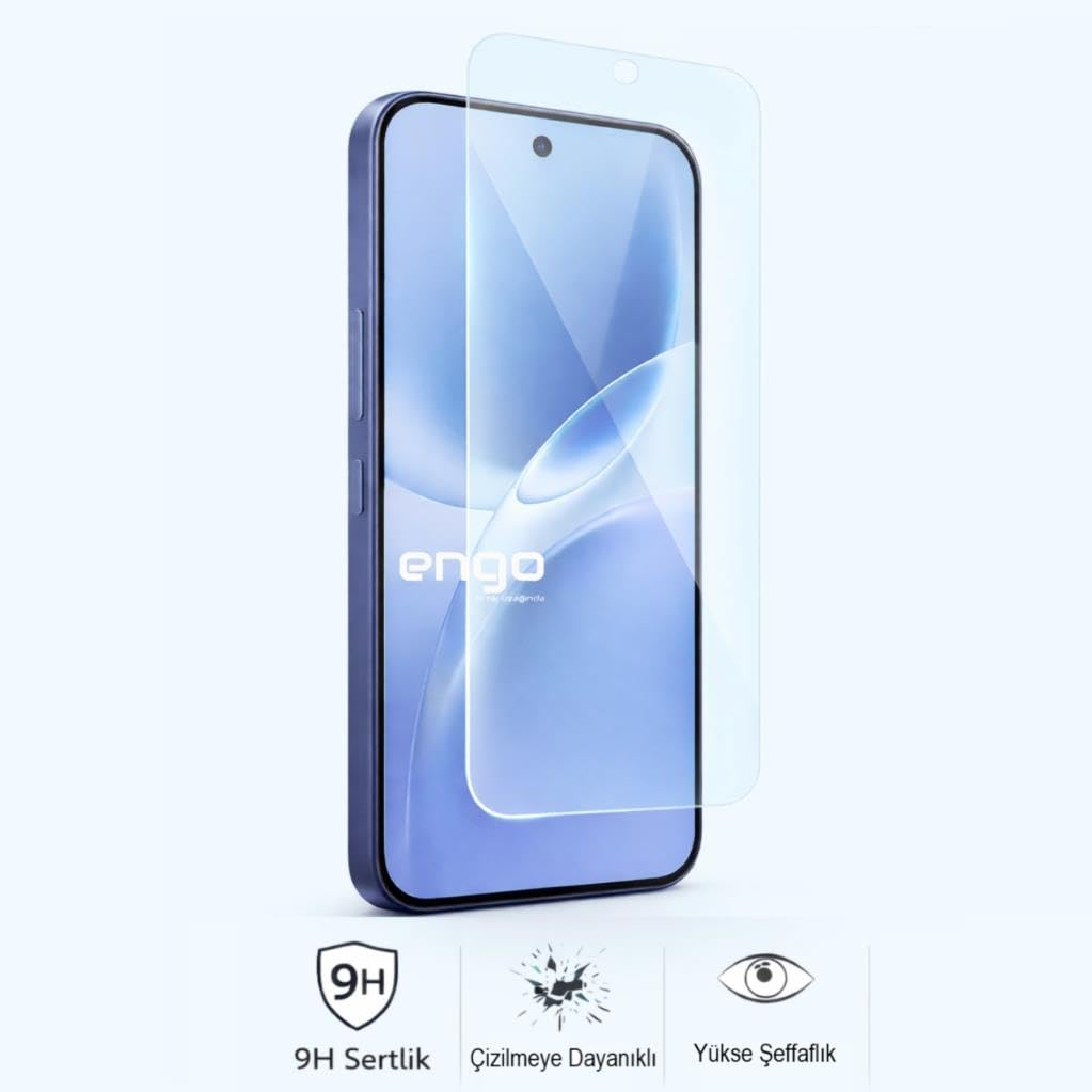 9H sertlik, çizilmeye dayanıklılık ve yüksek şeffaflık simgeleriyle şeffaf ekran koruyuculu bir akıllı telefon.