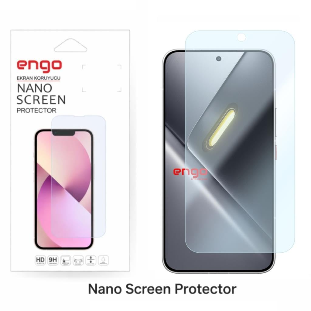 Solda bir nano ekran koruyucu ambalajı ve sağda koruyucu film takılmış bir akıllı telefon.