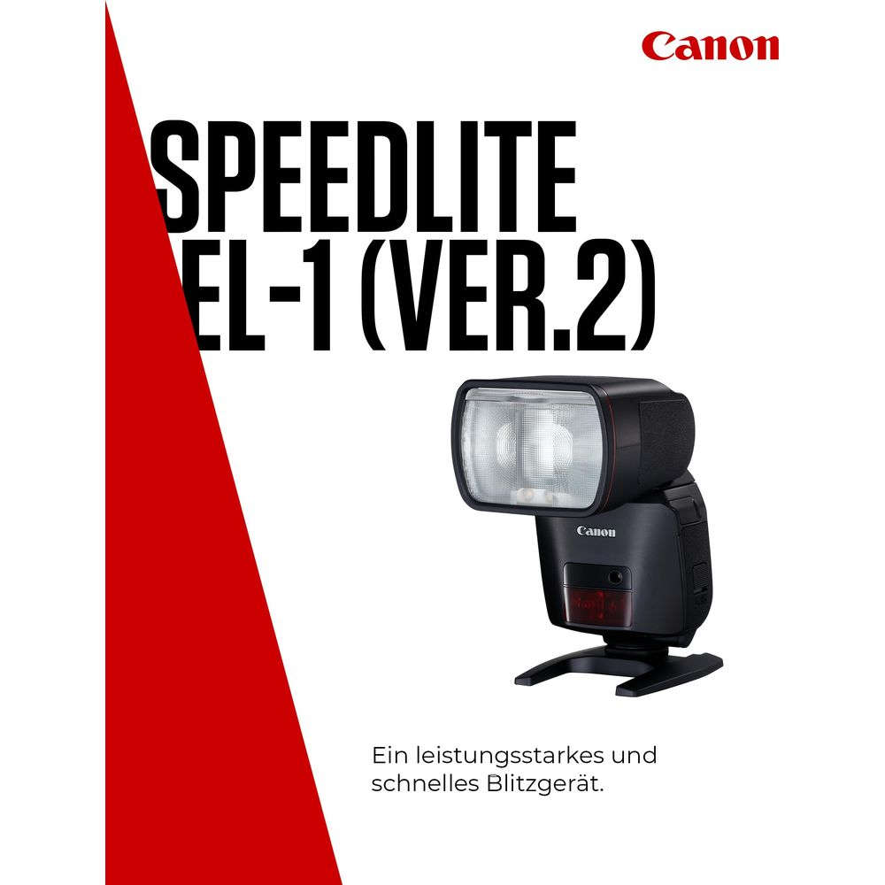 Ein Canon Speedlite EL-1 Blitzgerät vor weißem Hintergrund mit rotem Designelement.