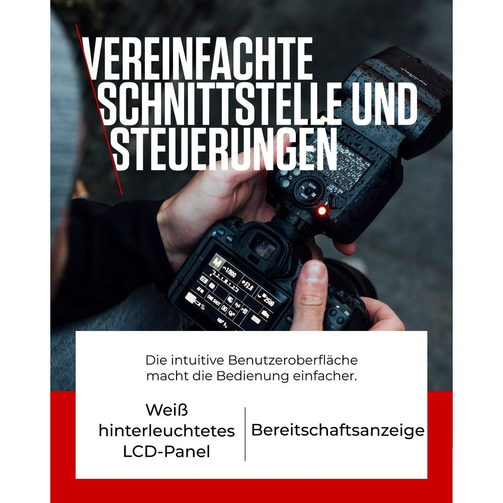 Person hält eine Kamera mit beleuchtetem LCD-Panel und deutscher Werbung für vereinfachte Bedienung.