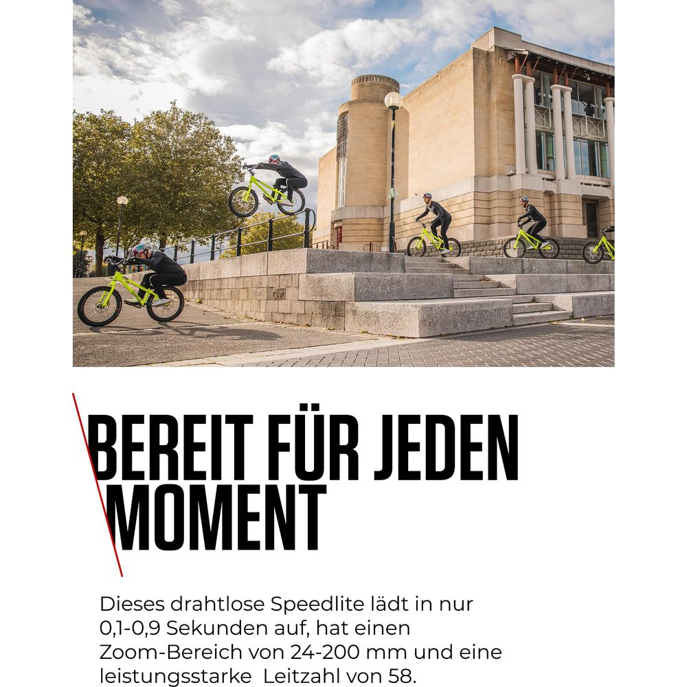 Sequenzfoto eines Bikers auf einem gelben Fahrrad vor einem Gebäude mit Text.