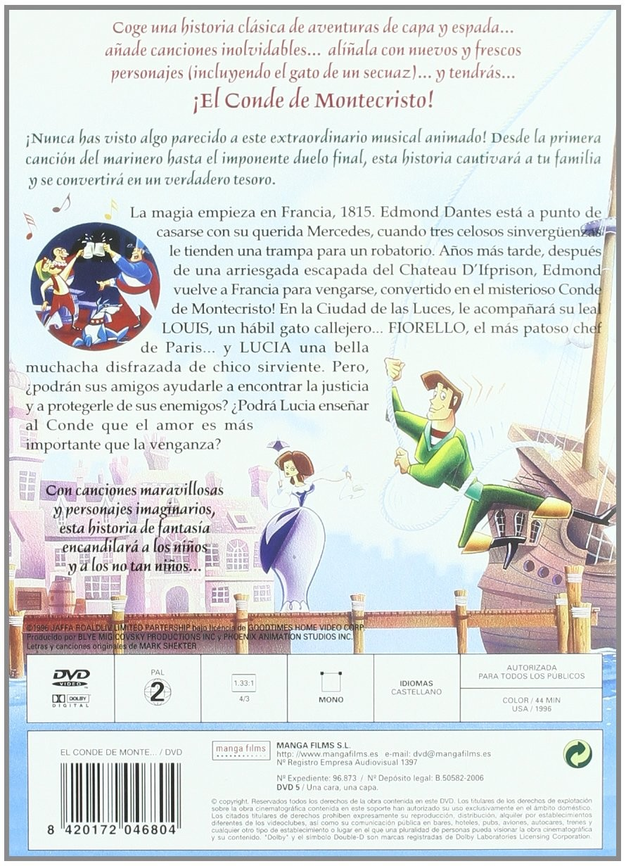 Contraportada de DVD de El Conde de Montecristo con texto en español, personajes animados y un barco.