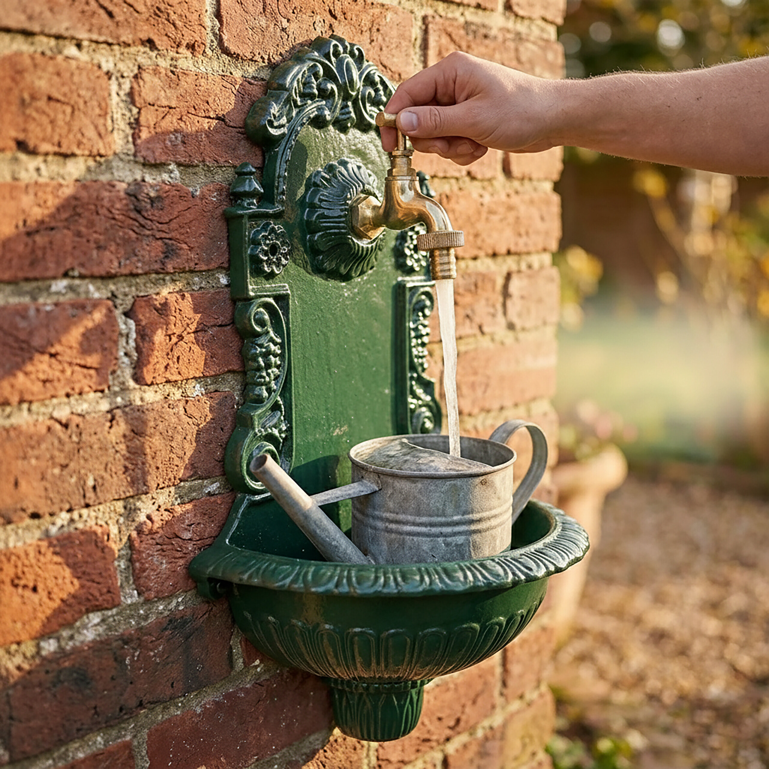 Hand öffnet Wasserhahn an einer grünen Wandhalterung, Wasser läuft in eine kleine Metallgießkanne.