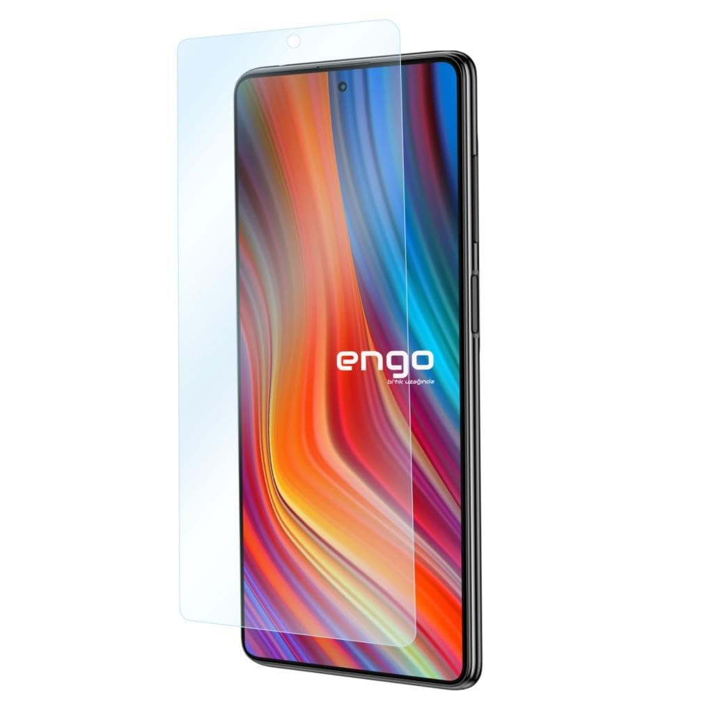 Renkli soyut duvar kağıdına sahip bir akıllı telefon ve önünde şeffaf ekran koruyucu.