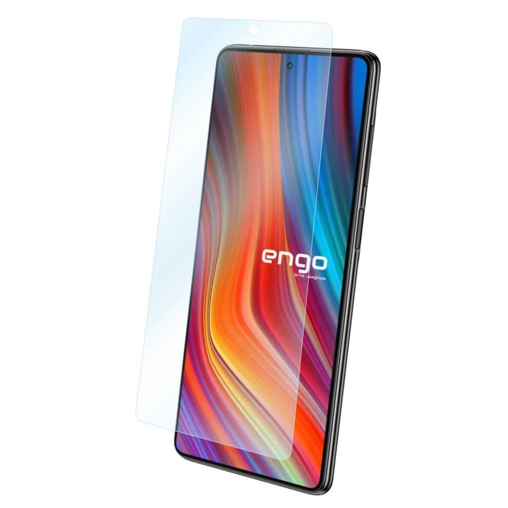 Renkli soyut arka plana sahip akıllı telefon ve üzerinde çapraz duran şeffaf ekran koruyucu.
